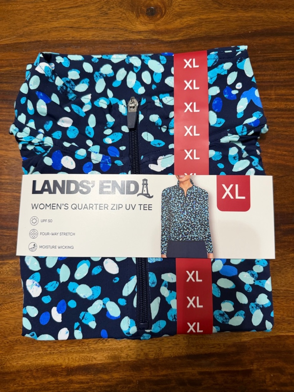 Lands' End Women's Navy Quarter-Zip UV Tee XL with Blue Dot Print